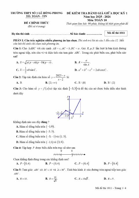 Đề thi Giữa kì 1 Toán 10 năm 2025-2026 trường THPT Lê Hồng Phong 1 (Đắk Lắk)